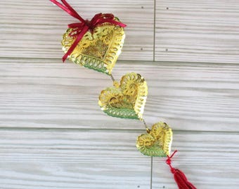 Vintage metal heart ornament, filigree brass colored hearts ornament, Midwest Imports