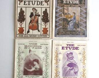 Antique 1900s Etude Music Magazines, students, music lover, historians and teachers, 4 issues, sheet music, paper ephemera for crafts, as is