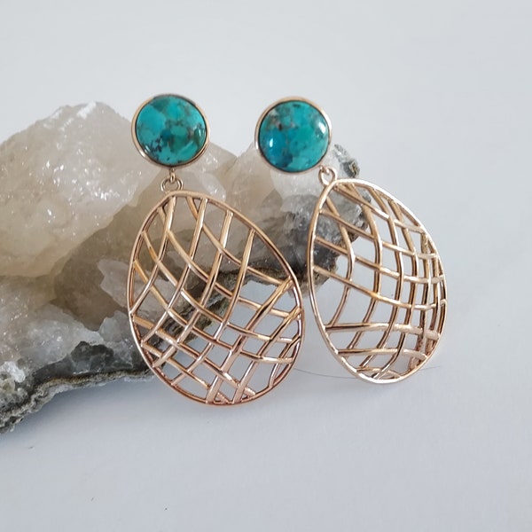 Turquoise and gold tone open basket weave dangle earrings, pierced ears, Elements By NEST