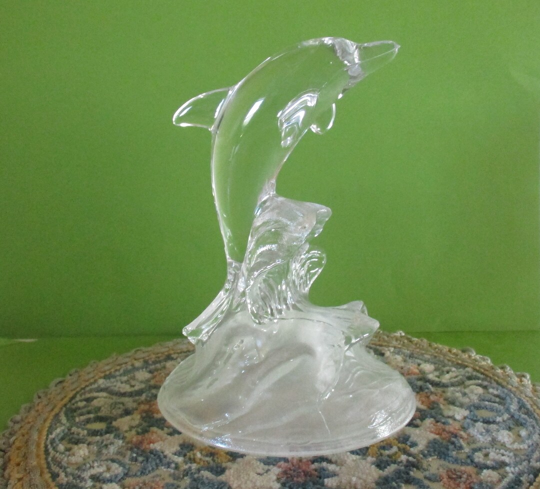 Vintage Glass Dolphin Figurine , Clear Glass Dolphin Statue, Nautical Decor Etsy