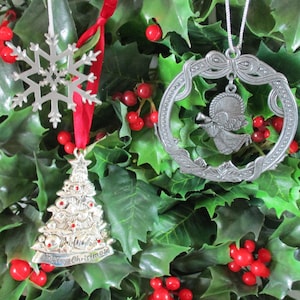 Vintage Pewter Christmas ornaments, pewter snowflake and angel ornaments, silver metal tree ornament