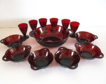 Vintage Anchor Hocking Ruby Red Glass, Coronation Dessert Bowl Set with juice glasses, Salad Bowl Set