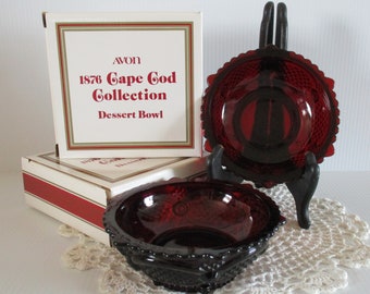 Vintage Avon ruby red glass dessert bowls, Set of 2 bowls, Cape Cod Collection, original boxes