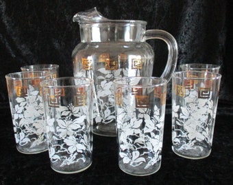 Vintage Pitcher and glass set with white flowers and gold accents