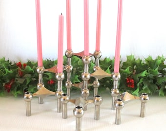 Vintage Nagel metal candlestick holders, Set of 7 Stoff Nagle chrome stackable candle holders