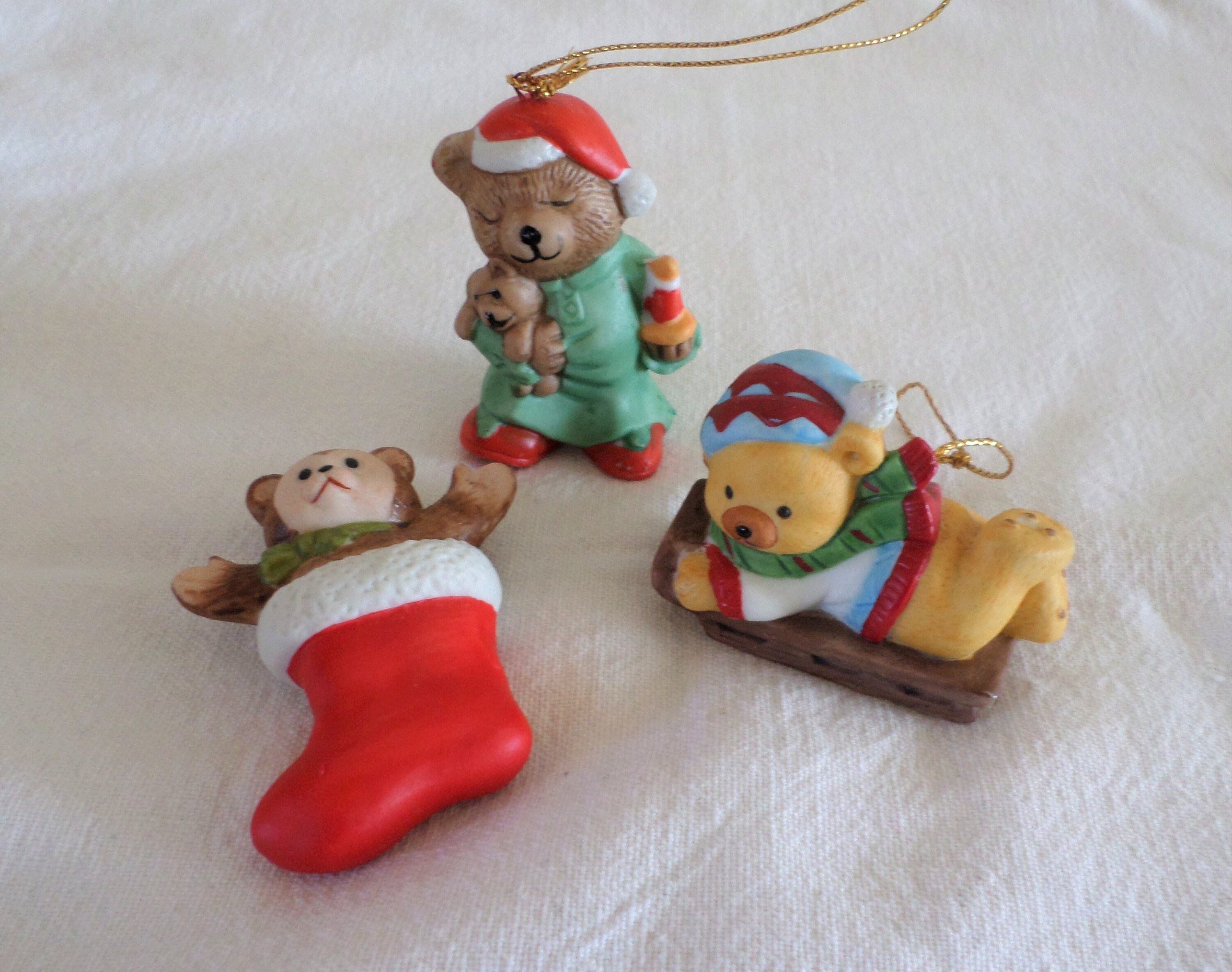 Vintage set of 3 ceramic teddy bear Christmas ornaments Etsy