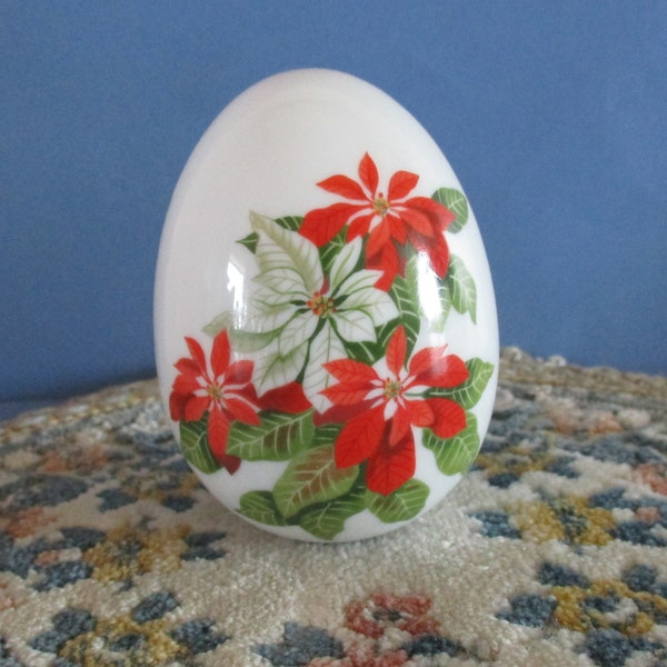 Vintage Avon ceramic egg, Winter's Treasures flower egg, Poinsettia egg