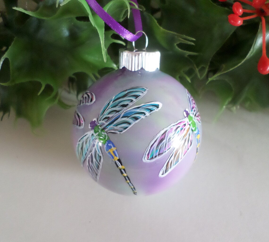 Hand painted dragonfly ornament glass Christmas ornament Etsy