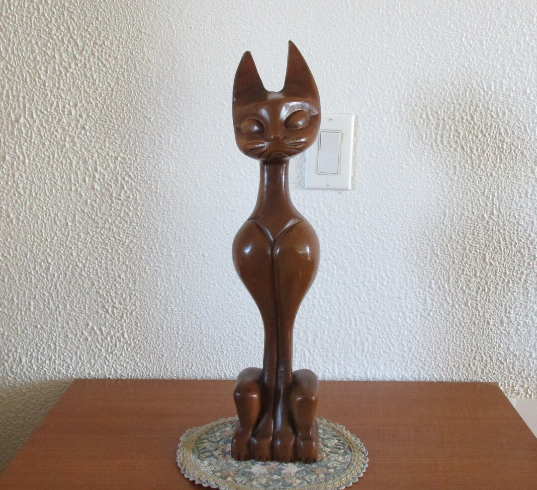 Vintage Tall Carved Wood Cat Figurine 1960s Wood Carving Etsy