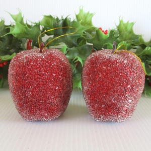 Vintage Sugar beaded red apples, artificial plastic fruit, apple ornaments