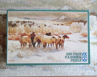 Vintage 1989 F X Schmid 1000 piece puzzle, 32 degree below, wild horses jigsaw puzzle