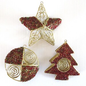 Gold metal wire and bead Christmas ornaments, set of 3