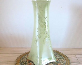 Vintage Pale Green Lusterware Bird Vase, 10 Inch Porcelain, Czechoslovakia