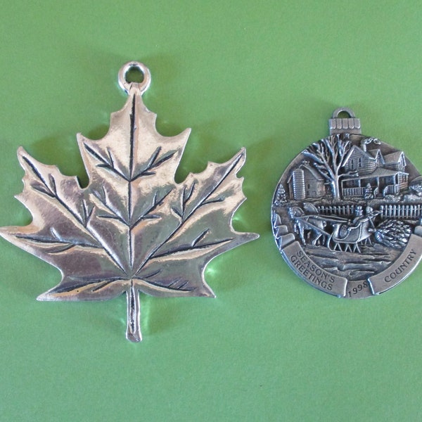 Vintage Pewter Christmas ornaments, 1998 Seasons Greetings Country, maple leaf ornament