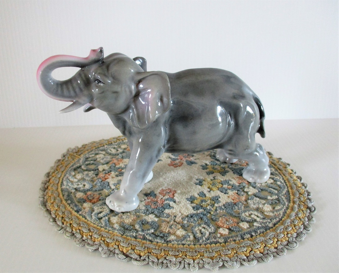 Vintage Ceramic Elephant Figurine, Trunk up Elephant Wildlife Figurine