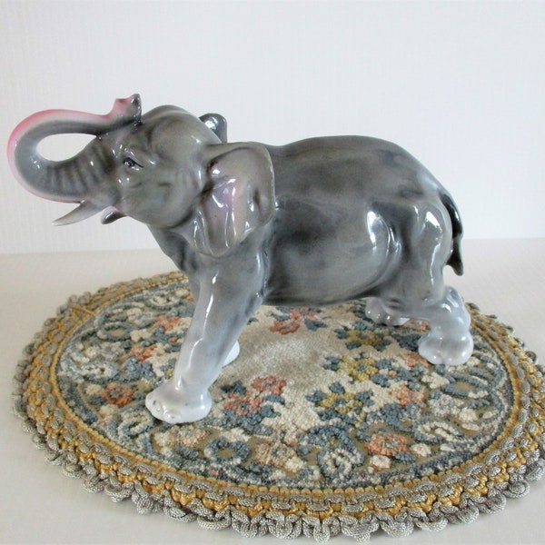 Vintage ceramic elephant figurine, trunk up elephant wildlife figurine, flawed glaze