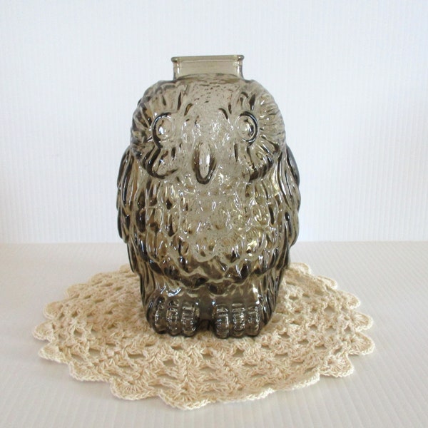 Vintage Glass Wise Old Owl piggy bank, retro coin bank, glass bank