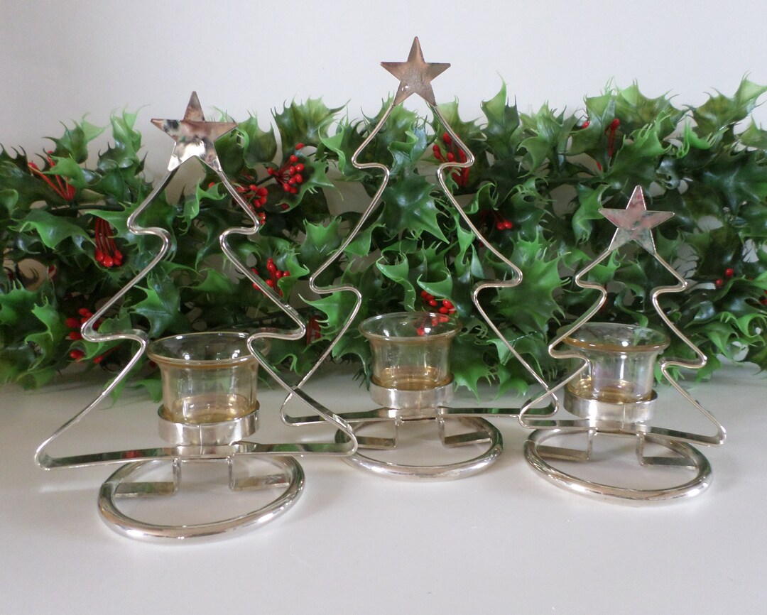 Vintage Set of 3 Silver Christmas Tree Votive Candle Holders
