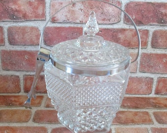 Vintage ice bucket, Anchor Hocking Wexford pressed glass lidded ice bucket, 1970s retro barware, diamond pattern glass