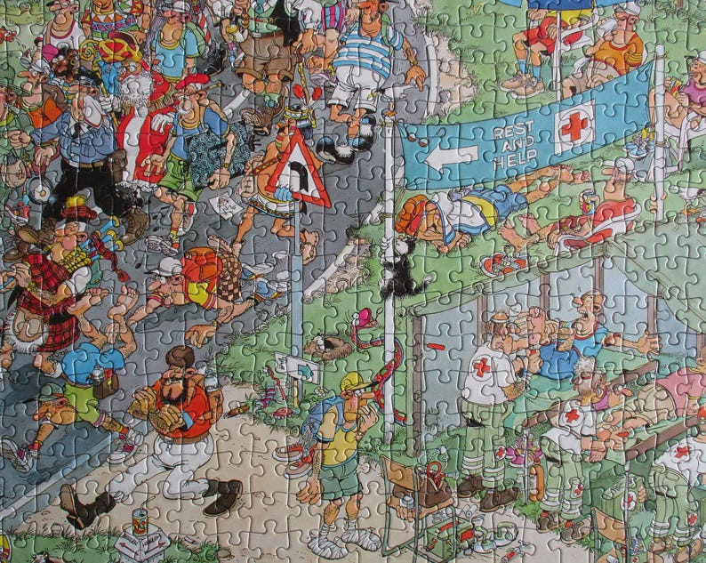 May include: A colorful jigsaw puzzle featuring a busy cartoon scene of hikers and runners on a road. A blue banner with a red cross and the text REST AND HELP hangs above a medical station where figures in white uniforms assist others.