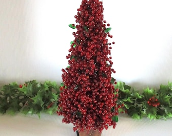 Red glass bead berry cone tree, Seasons of Cannon Falls, tabletop accent