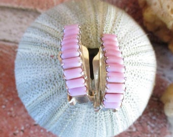 Vintage pink half hoop clip on earrings, pastel pink with gold tone metal