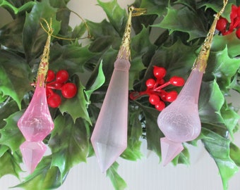 Set of 3 plastic frosted pink Christmas ornaments
