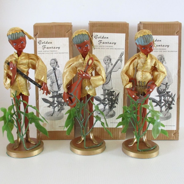 Vintage Tilso Elves, Golden Fantasy Christmas pixies in original boxes, 1950s Hong Kong