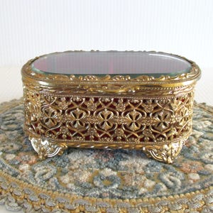 Vintage ornate beveled glass and brass jewelry box, Westland musical jewelry box