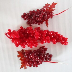 Vintage artificial red grape bunches, set of 3 small grape bunches, fruit picks