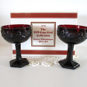 Vintage Avon ruby red glass saucer champagne glasses, Cape Cod champagne glasses,  Set of 2 ruby glass stemware