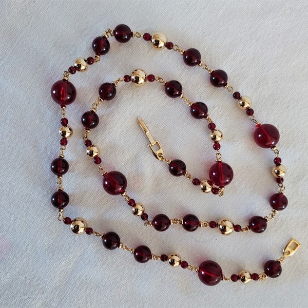Vintage Napier ruby red and gold tone beaded necklace, 30 inches