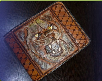 carved wallet mens gift knight shield wallet lion wallet lion leather wallet leather wallet Hand-tooled leather wallet tooled wallet