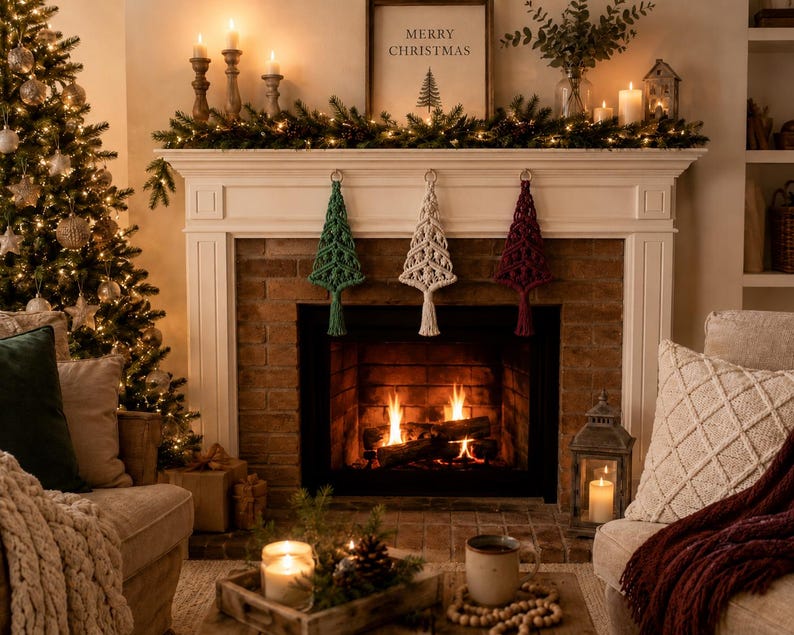 May include: Three macrame Christmas tree ornaments in green, cream, and burgundy hanging from a white fireplace mantel. Each ornament features intricate knotted cord patterns and a bottom tassel, displayed above a lit fireplace with flames.