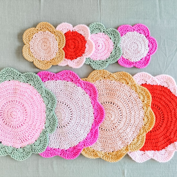 Crochet Pattern Summer Placemat & Coaster Set // Crochet Flower Set