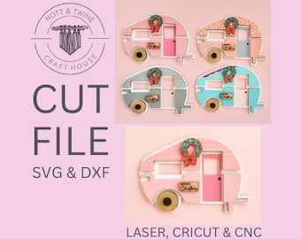 May include: Four different colored camper van ornaments with a Christmas wreath on the roof. The ornaments are pink, blue, gray, and white. The ornaments are decorated with polka dots, stripes, and a Christmas wreath. The ornaments are for sale as a digital cut file.