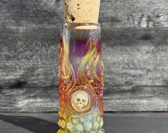 Tarro de cristal con calavera llameante, vidrio soplado ahumado a mano