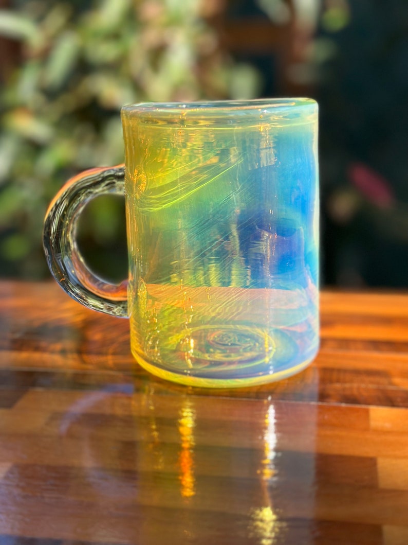 Color changing glass mug handblown coffee and tea cup iridescent glass mug heat resistant borosilicate glass gift for coffee and tea drinker image 4