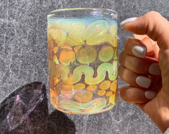Color enhancing glass mug handblown coffee cup iridescent glass mug heat resistant borosilicate glass gift for coffee and tea drinker