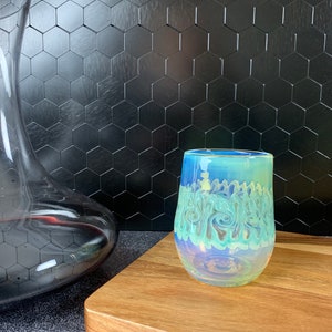Stemless wine glass handblown borosilicate glass elevated drinking experience iridescent wine glass gift for wine enthusiast
