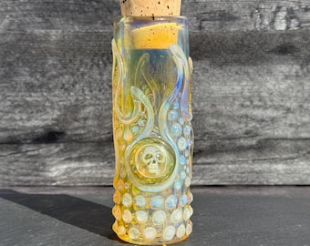 Tarro de cristal con calavera llameante, vidrio ahumado soplado a mano