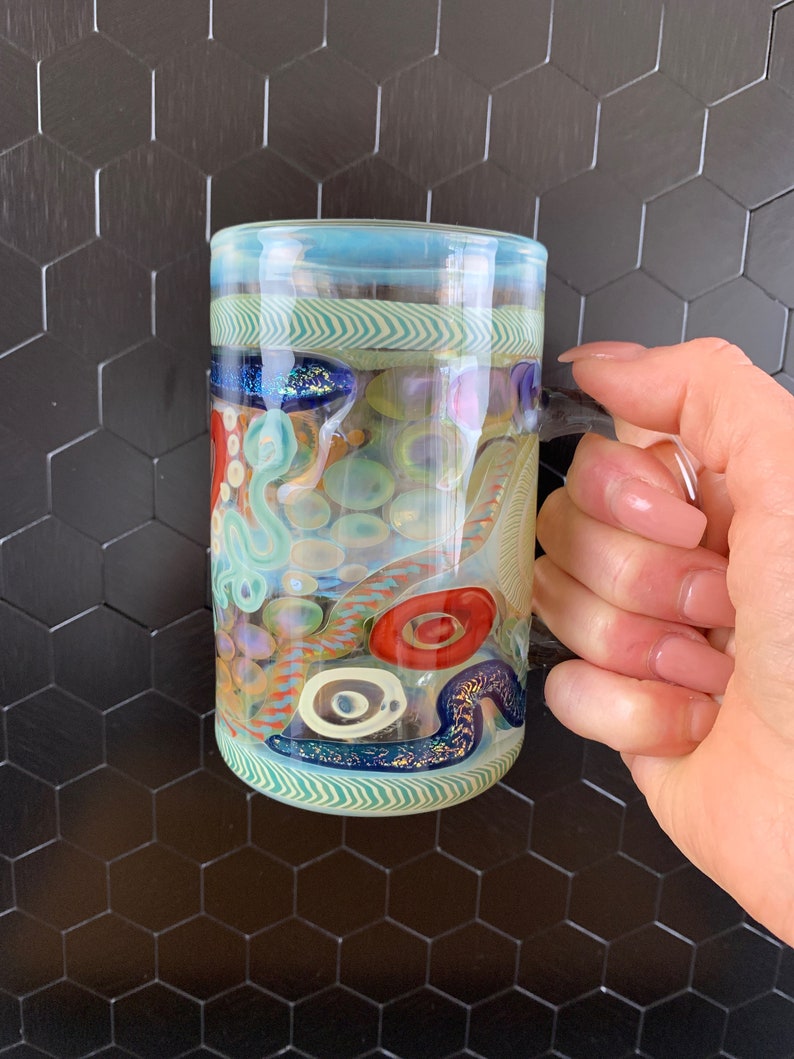 Color changing glass mug handblown coffee and tea cup iridescent glass mug heat resistant borosilicate glass gift for coffee and tea drinker image 9