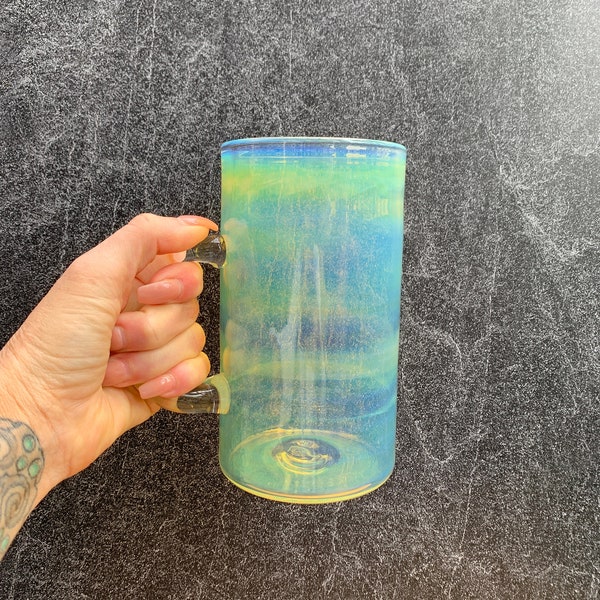 Color changing glass mug handblown coffee and tea cup iridescent glass mug heat resistant borosilicate glass gift for coffee and tea drinker