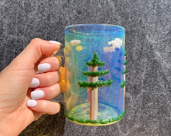 Taza de vidrio soplado a mano con diseño de árbol de secuoya: Taza de café o té iridiscente