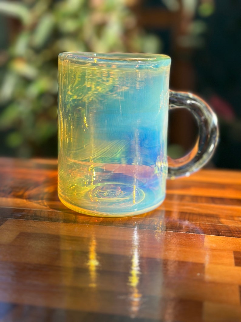 Color changing glass mug handblown coffee and tea cup iridescent glass mug heat resistant borosilicate glass gift for coffee and tea drinker image 6