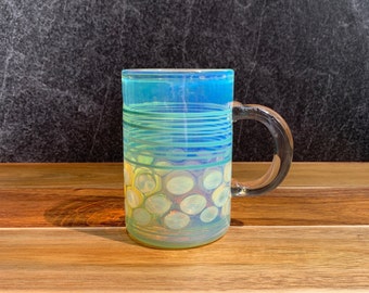 Color enhancing glass mug handblown coffee cup iridescent glass mug heat resistant borosilicate glass gift for coffee and tea drinker