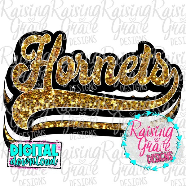 Hornets Retro - Gold Glitter / Black / White - Sublimation Design - Digital Download - PNG