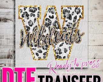 DTF Direct to Film Transfer Ready to Press – Full Color Heat Transfer for Shirts & Apparel - W - Wildcats | Faux Black and Gold Glitter