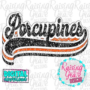 Porcupines Retro - Black Glitter / White / Orange Glitter - Sublimation Design - Digital Download - PNG