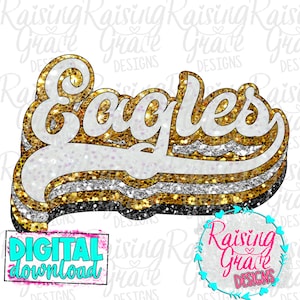 Eagles Retro - All Glitter - White, Gold, Silver, and Black - Sublimation Design - Digital Download - PNG